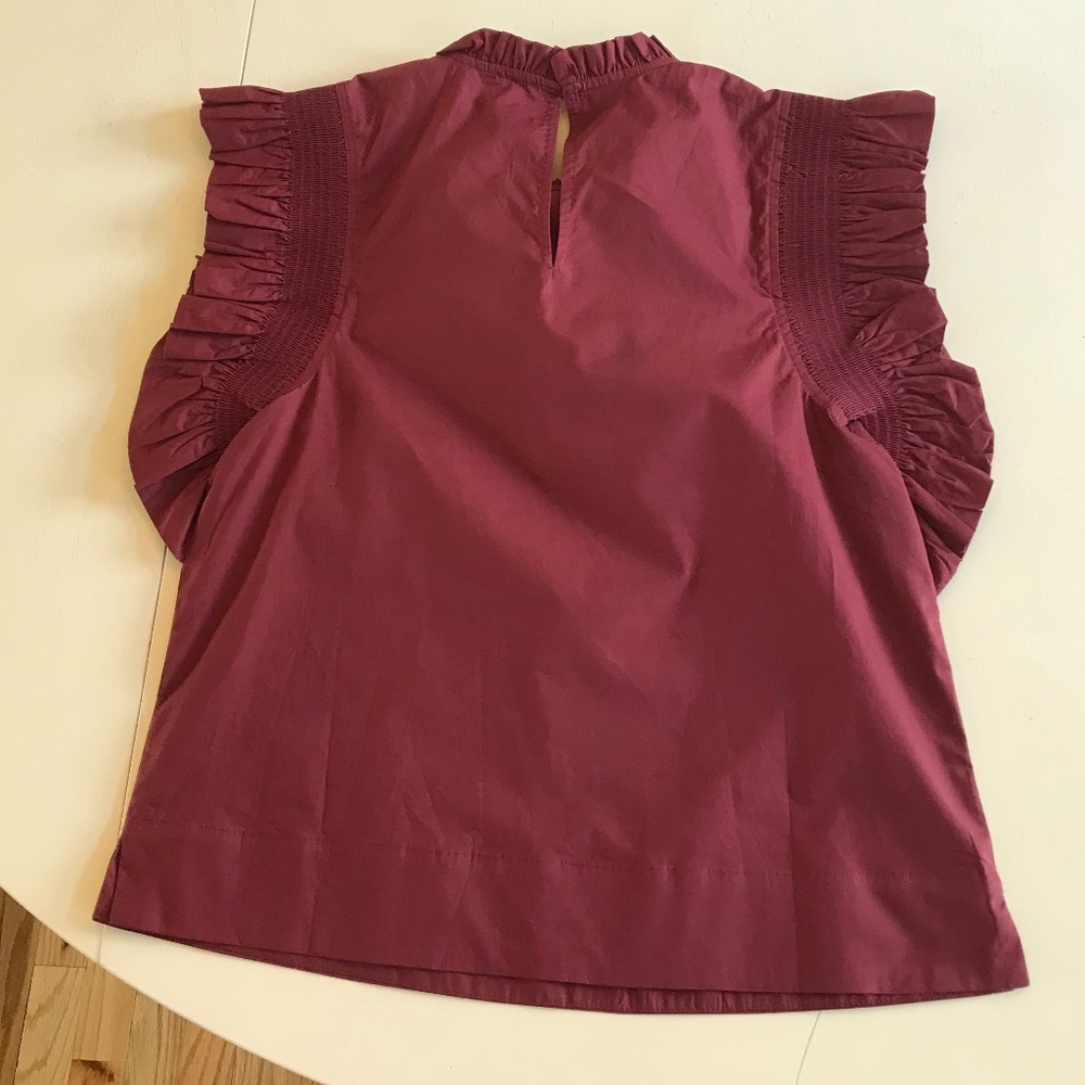 ENGLISH FACTORY BURGUNDY RUFFLE SLEEVE POPLIN TOP - Picture 6 of 12